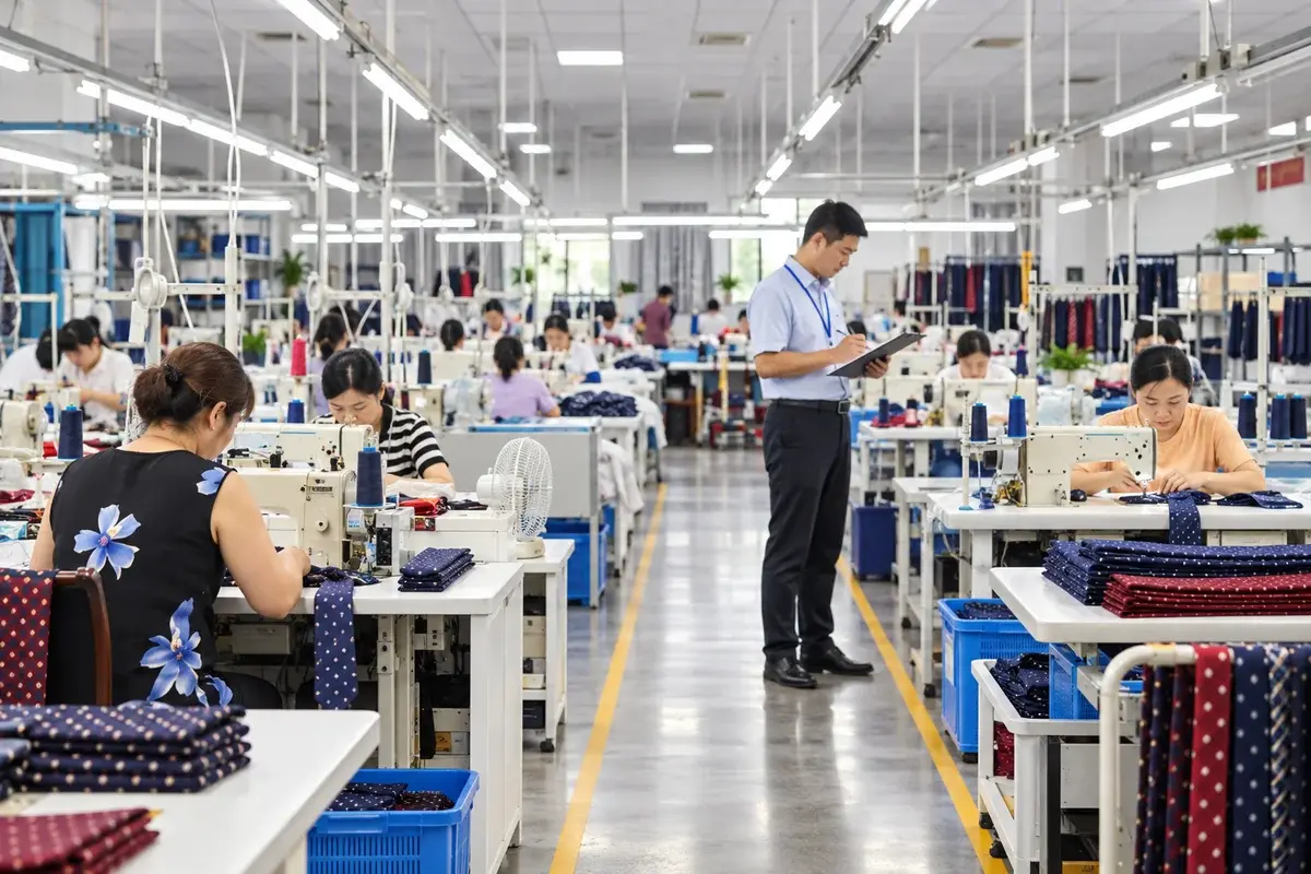 Supervisor reviewing workplace conditions in bright and orderly tie sewing.