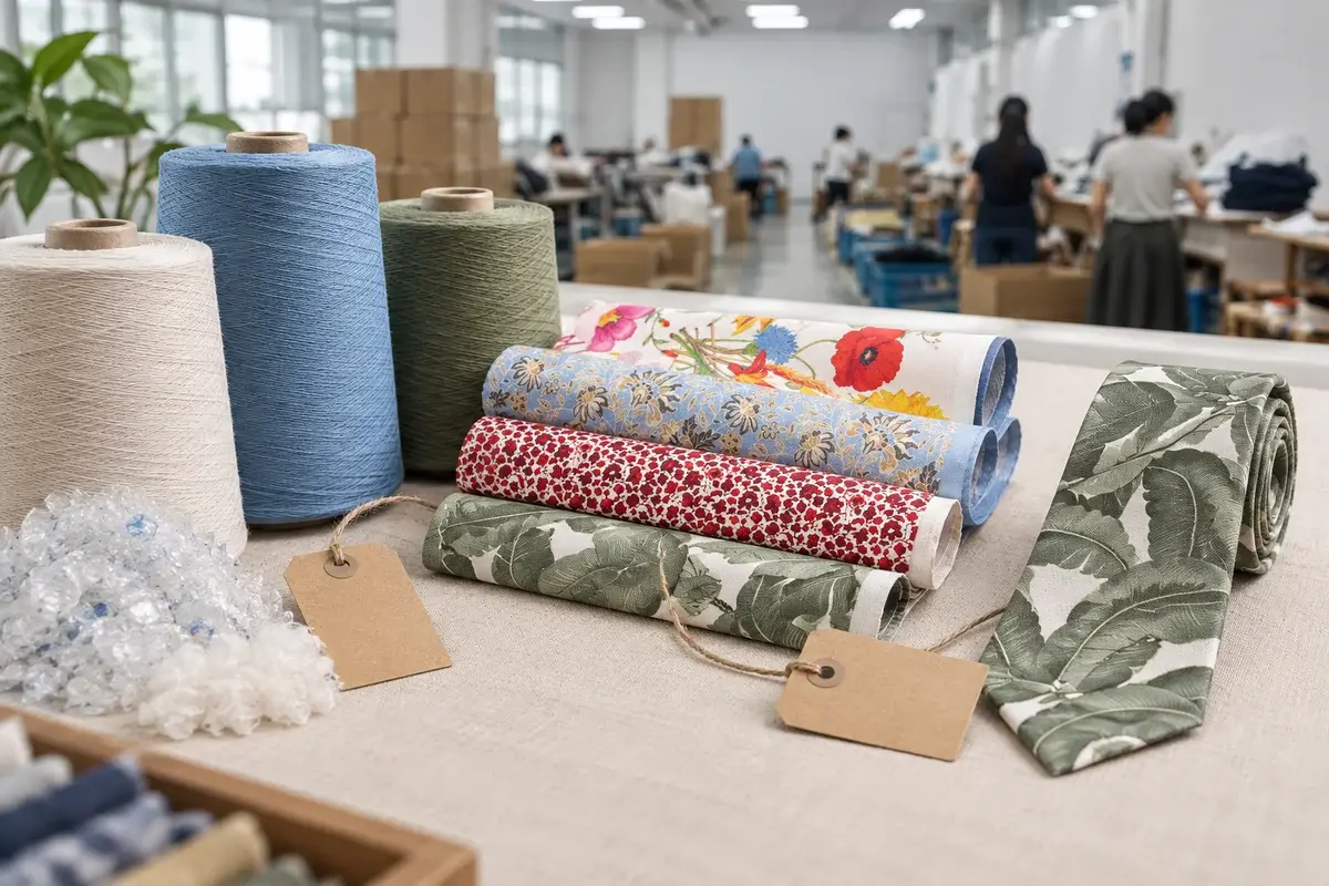Fiber, yarn, patterned fabric and a finished tie for traceability review.