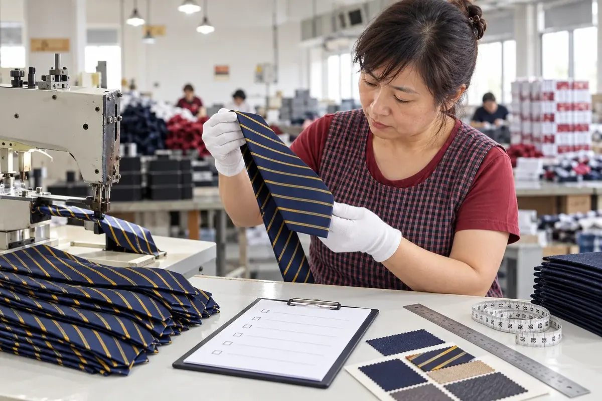 Inspector reviewing a striped tie with measurements, swatches and checklist.