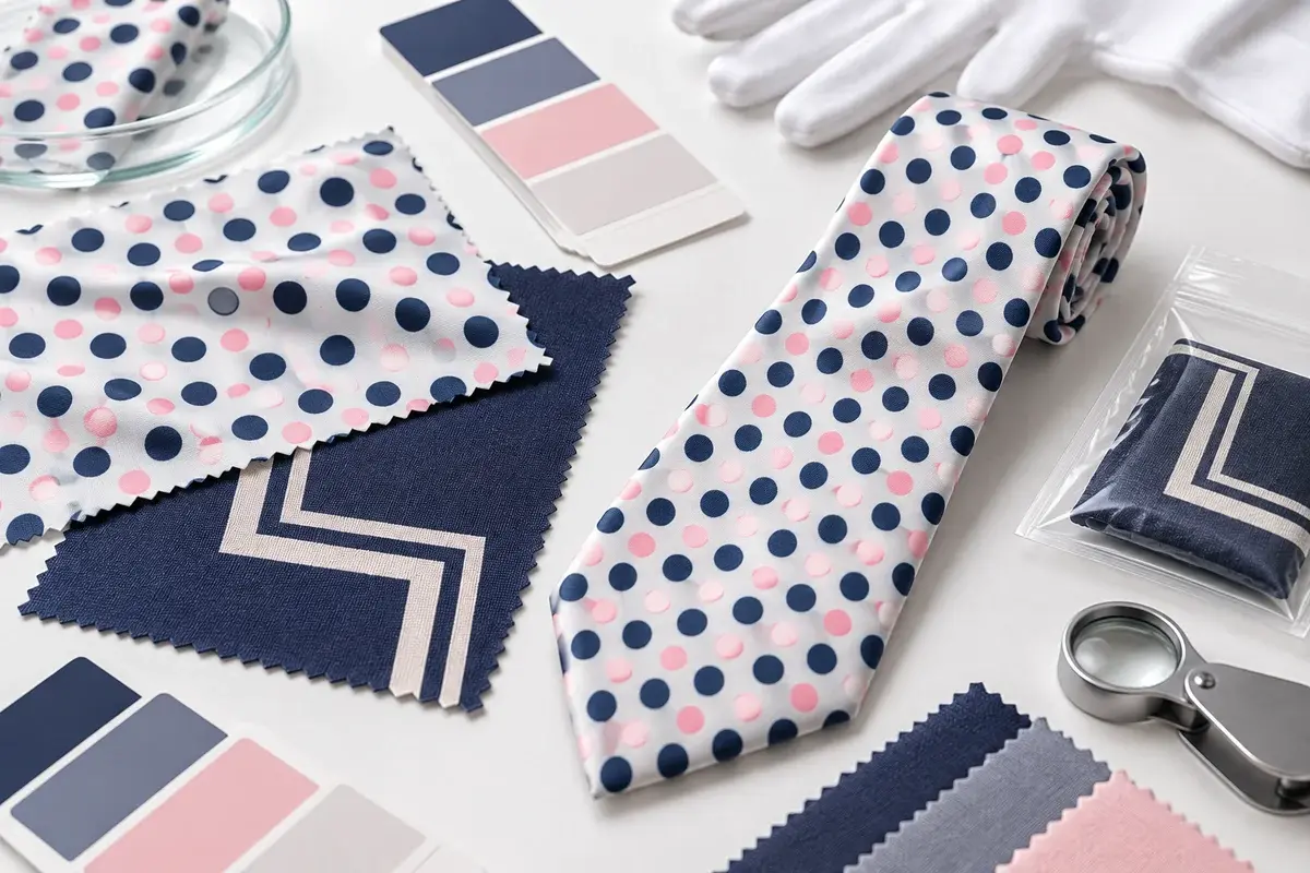 Necktie and patterned fabric samples for material safety and color review.