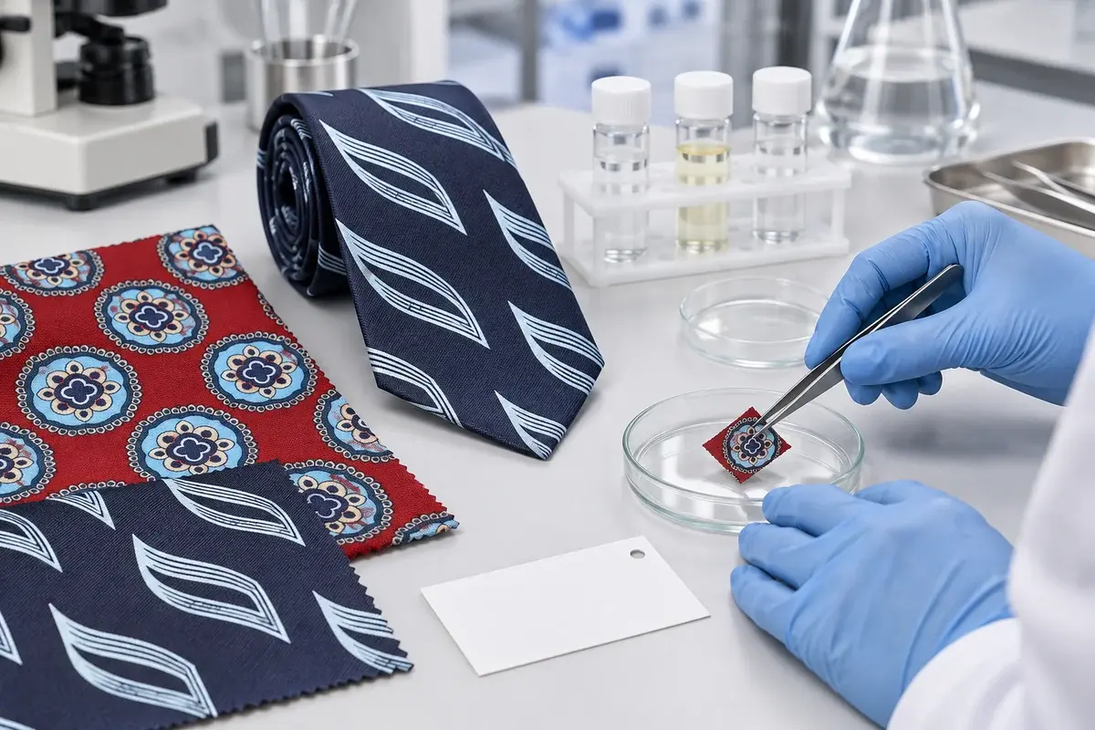 Gloved technician preparing patterned tie fabric samples for laboratory testing.