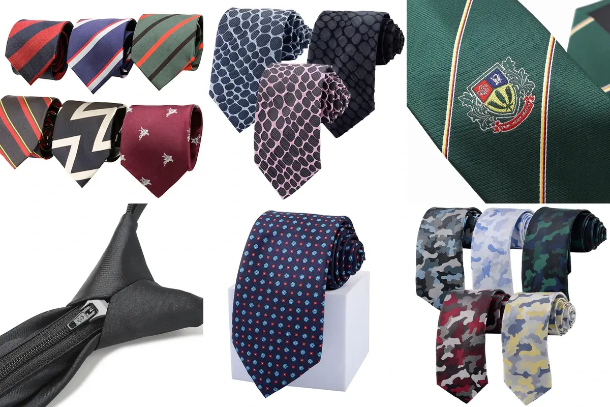 Six references with tie patterns, a crest, zipper construction and packaging.