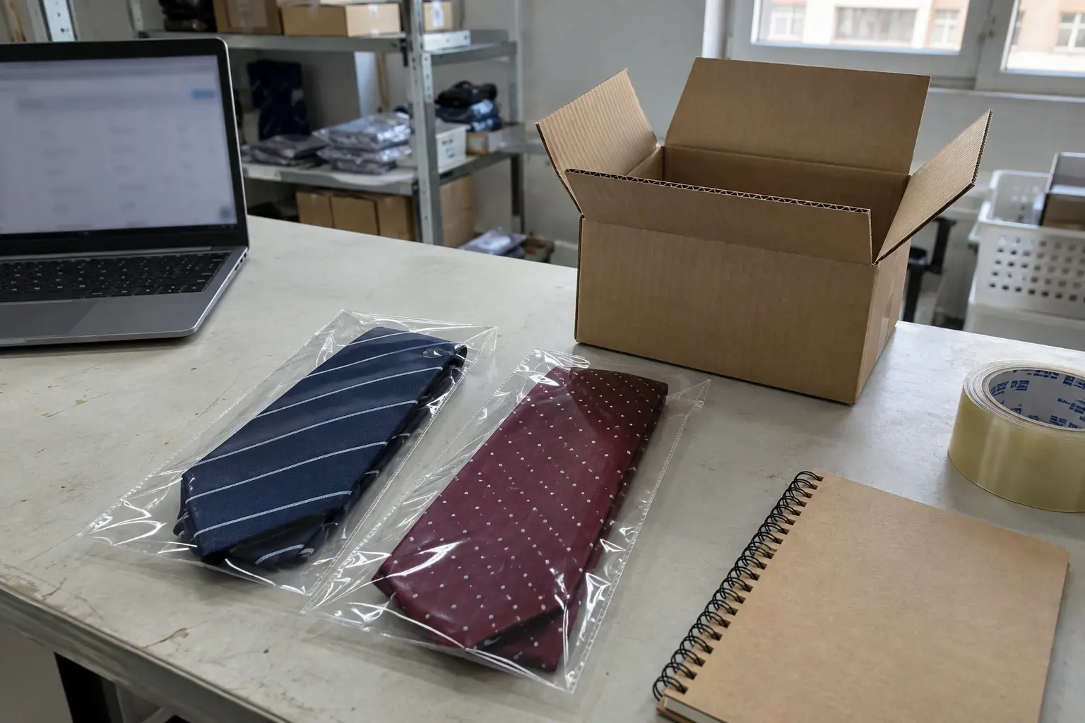 Packaged necktie samples beside an open shipping carton and a laptop.