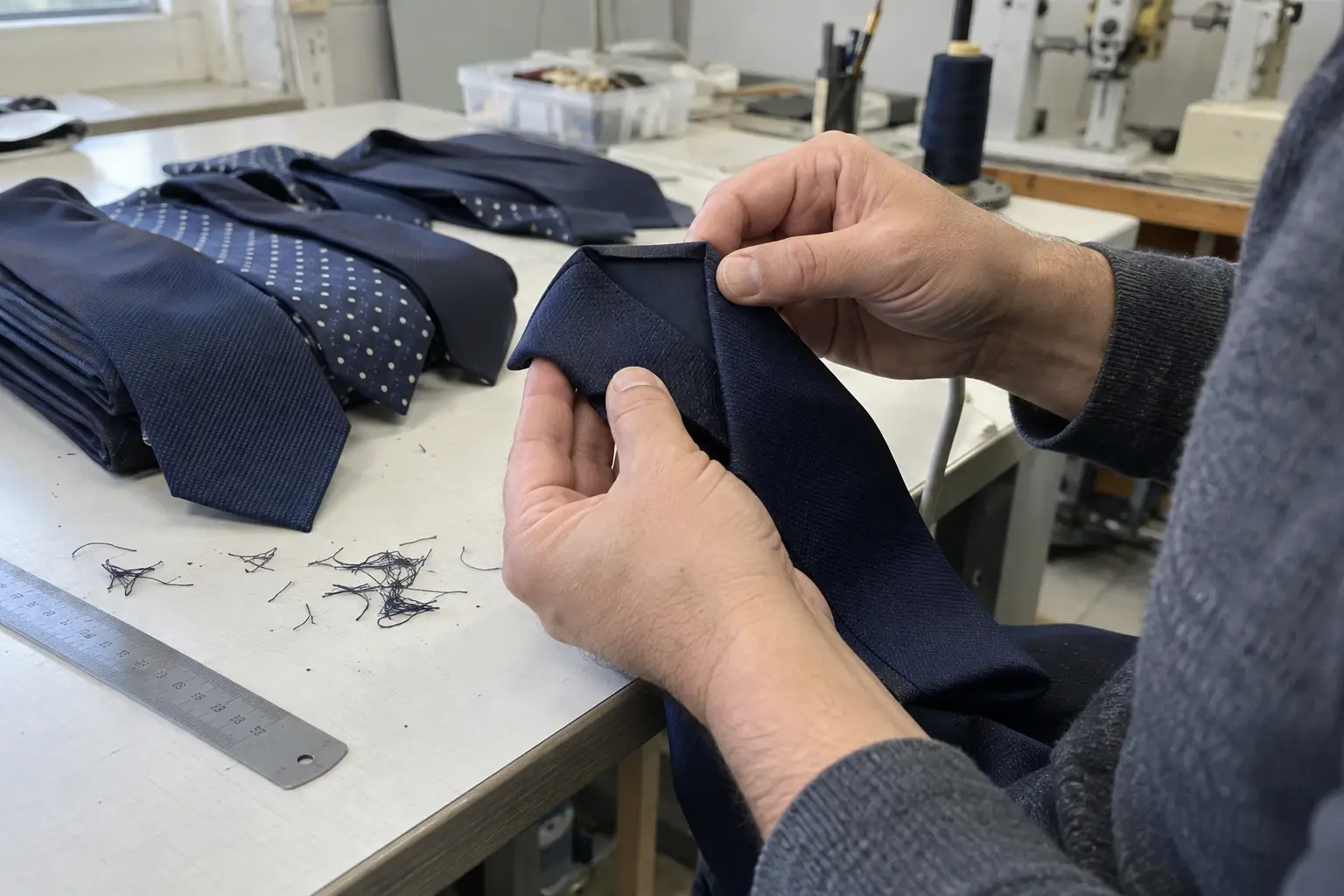 Hands checking the edge stitching of a navy necktie on a worktable.