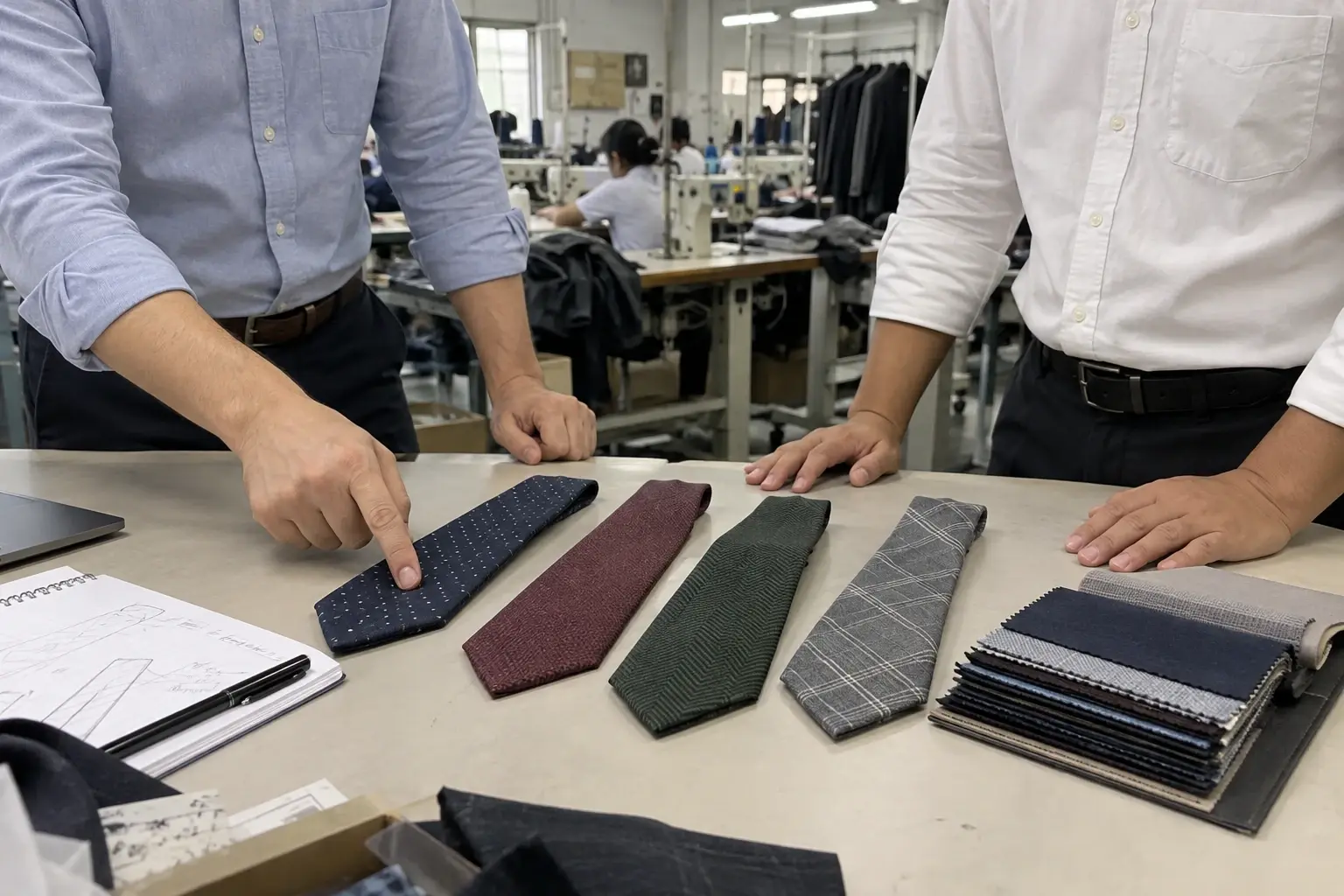 Two people reviewing necktie samples and fabric swatches at a worktable.