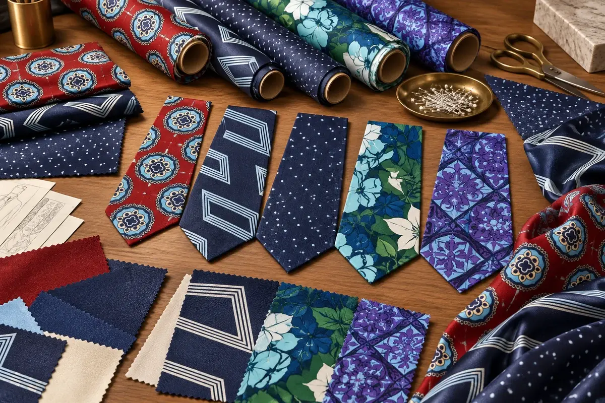 Patterned fabric rolls, swatches, and tie panels for material development.