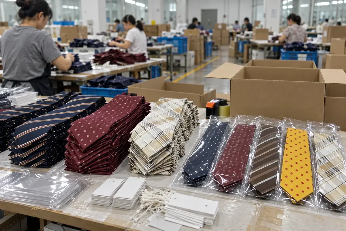 Finished ties, clear sleeves, blank tags, and cartons on a packing workbench.