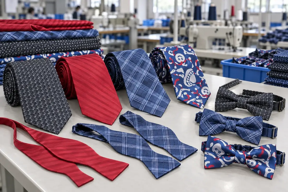 Finished patterned neckties and bow ties arranged on a factory workbench.