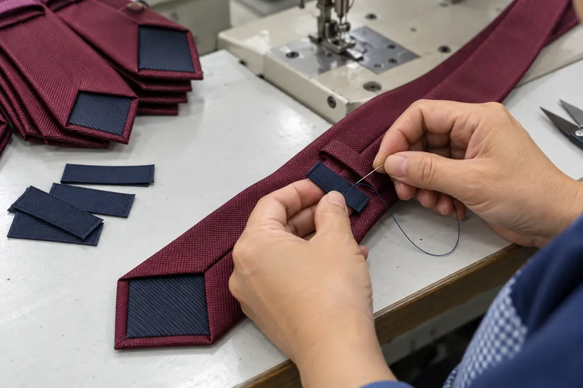 A worker hand-sewing a blank woven label onto the reverse of a burgundy tie.