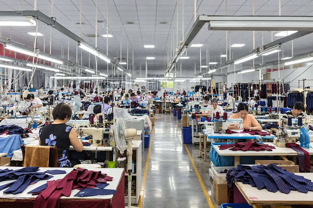 Workers sewing navy and burgundy ties across an organized production floor.