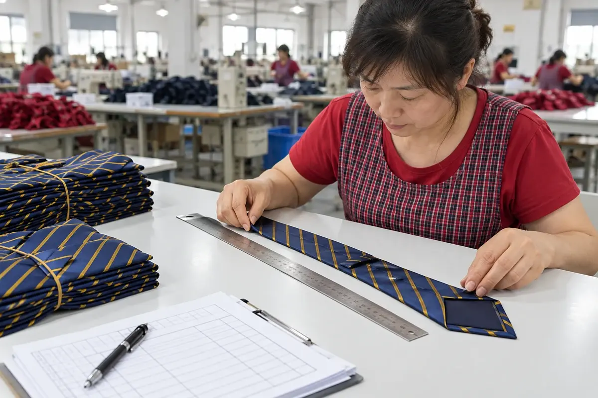 A factory inspector measuring a striped tie and checking construction.