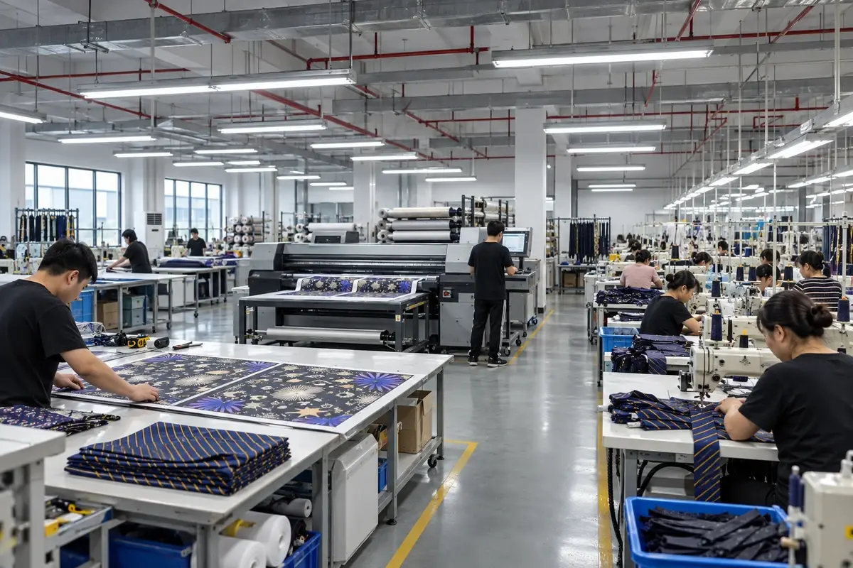 Tie fabric printing, cutting, and sewing areas inside a production workshop.