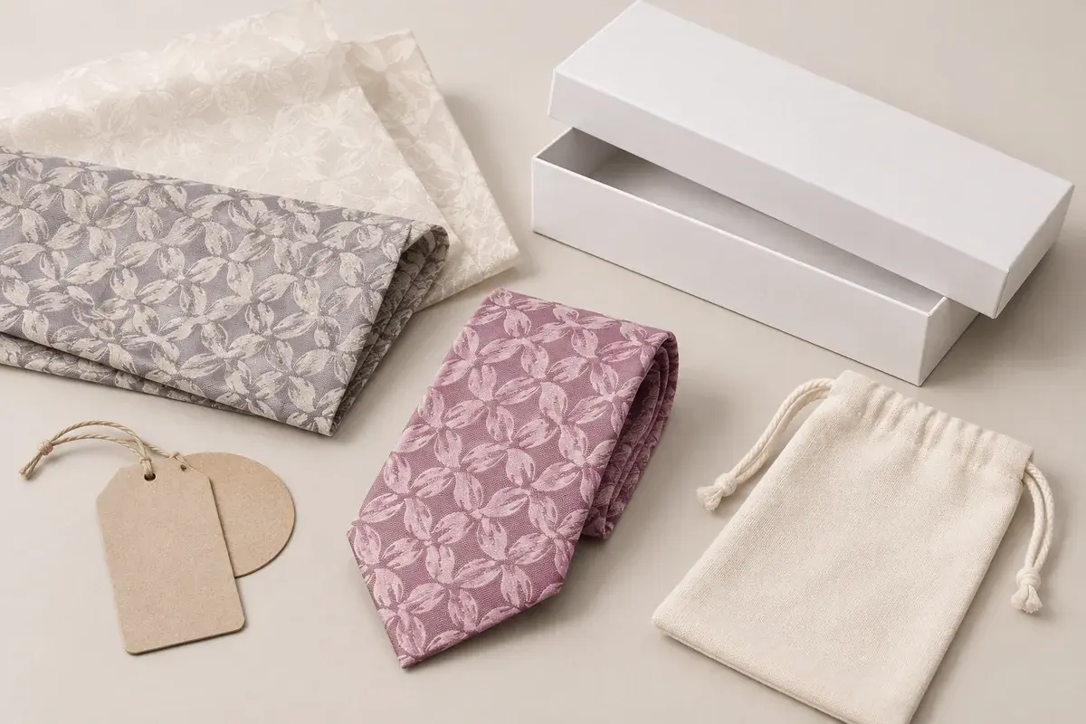 Paperboard box, paper tags, and reusable cloth pouch packaging options