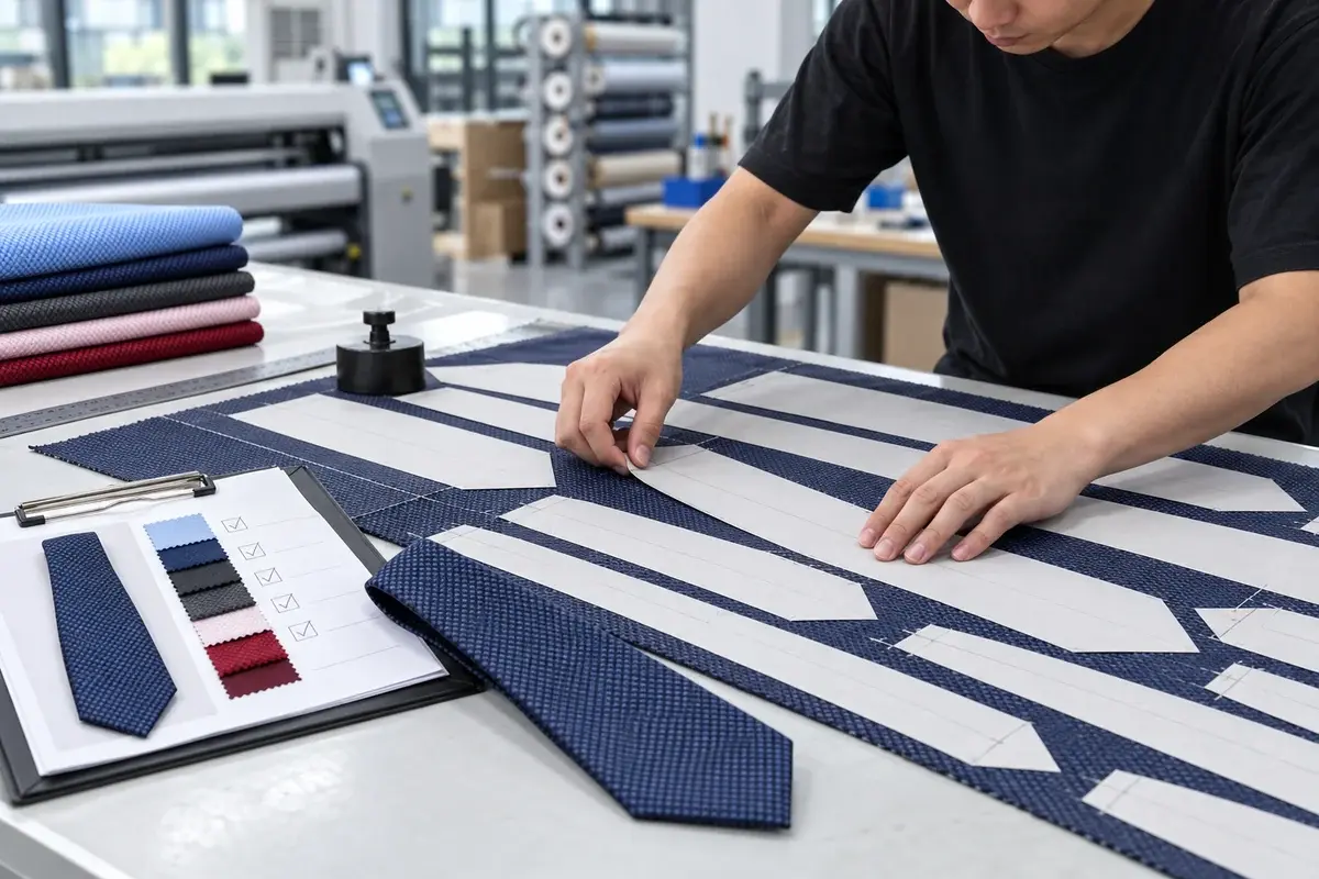Worker aligning tie templates on fabric before cutting