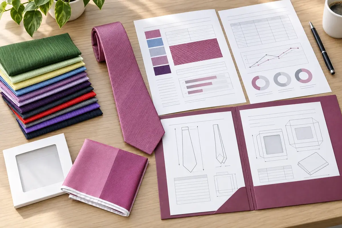 Tie sample, fabric swatches, and project specification documents