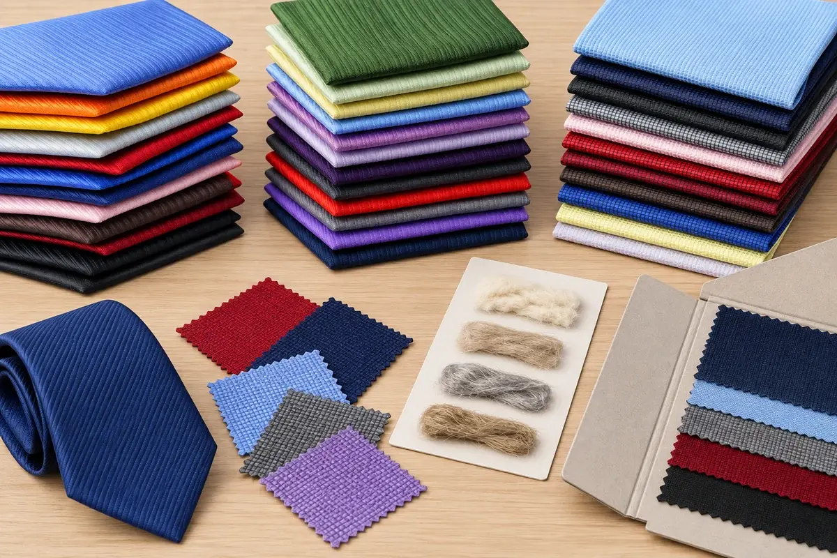 Tie fabric swatches and fiber samples arranged for sourcing review