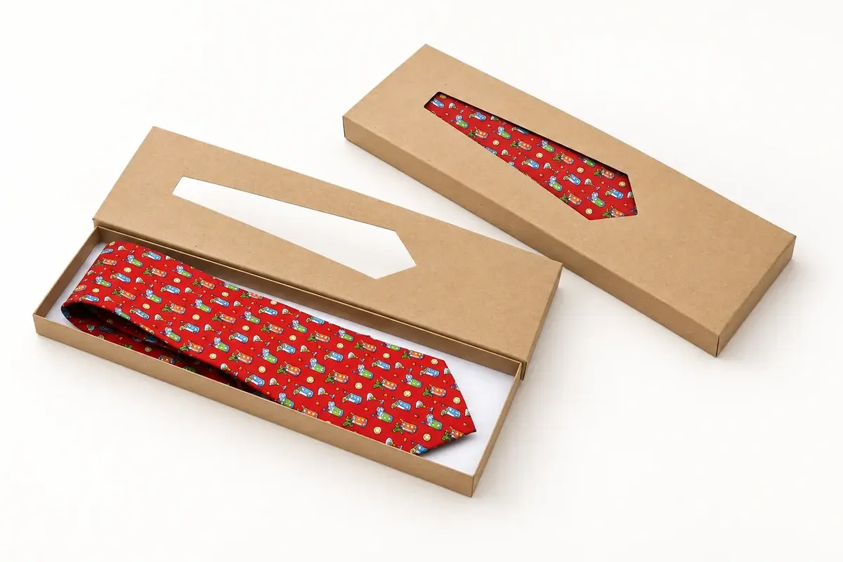 Custom tie presented in minimal fitted kraft paper packaging