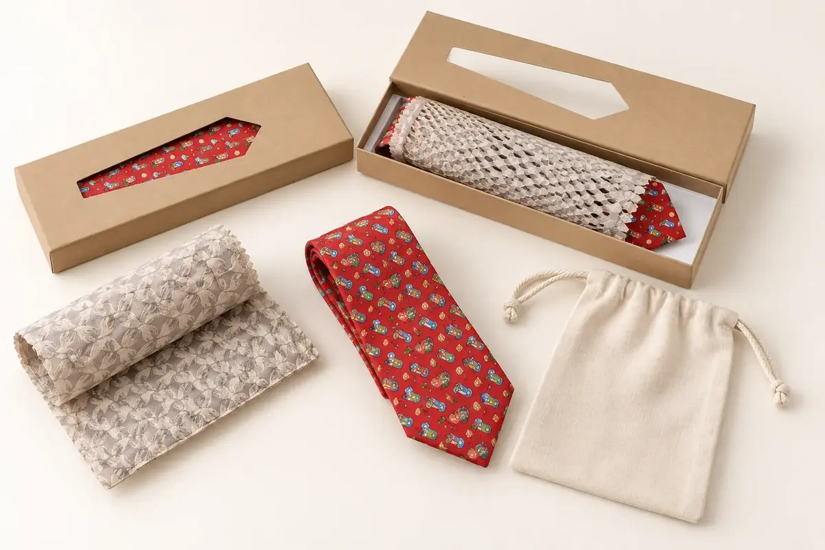 Kraft tie boxes, honeycomb paper protection, and a reusable cloth pouch