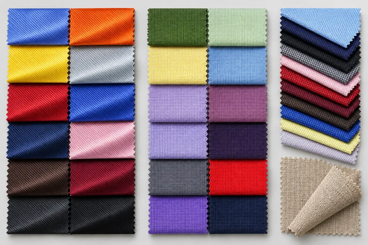 Tie fabric swatches grouped by color and weave for project selection