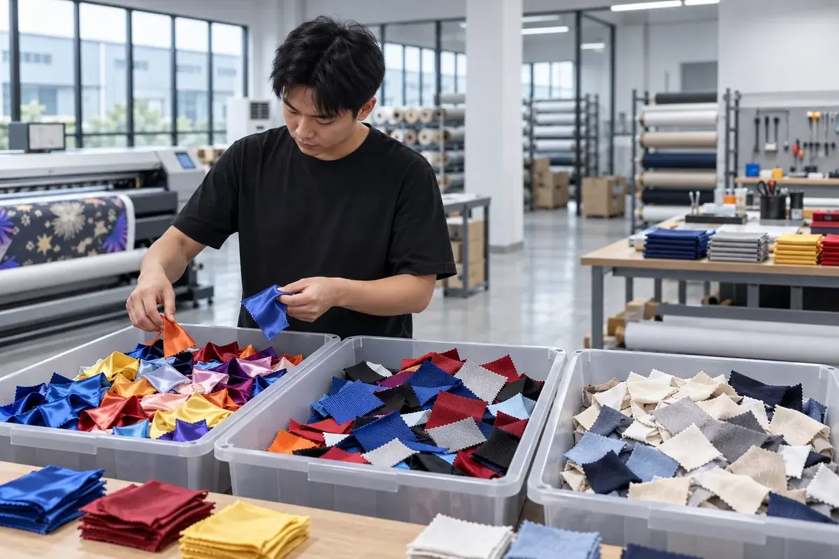 Worker sorting small textile offcuts into separate workshop bins