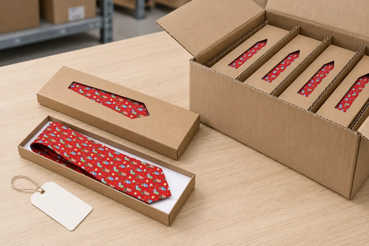 Tie boxes arranged in a divided shipping carton for packing review