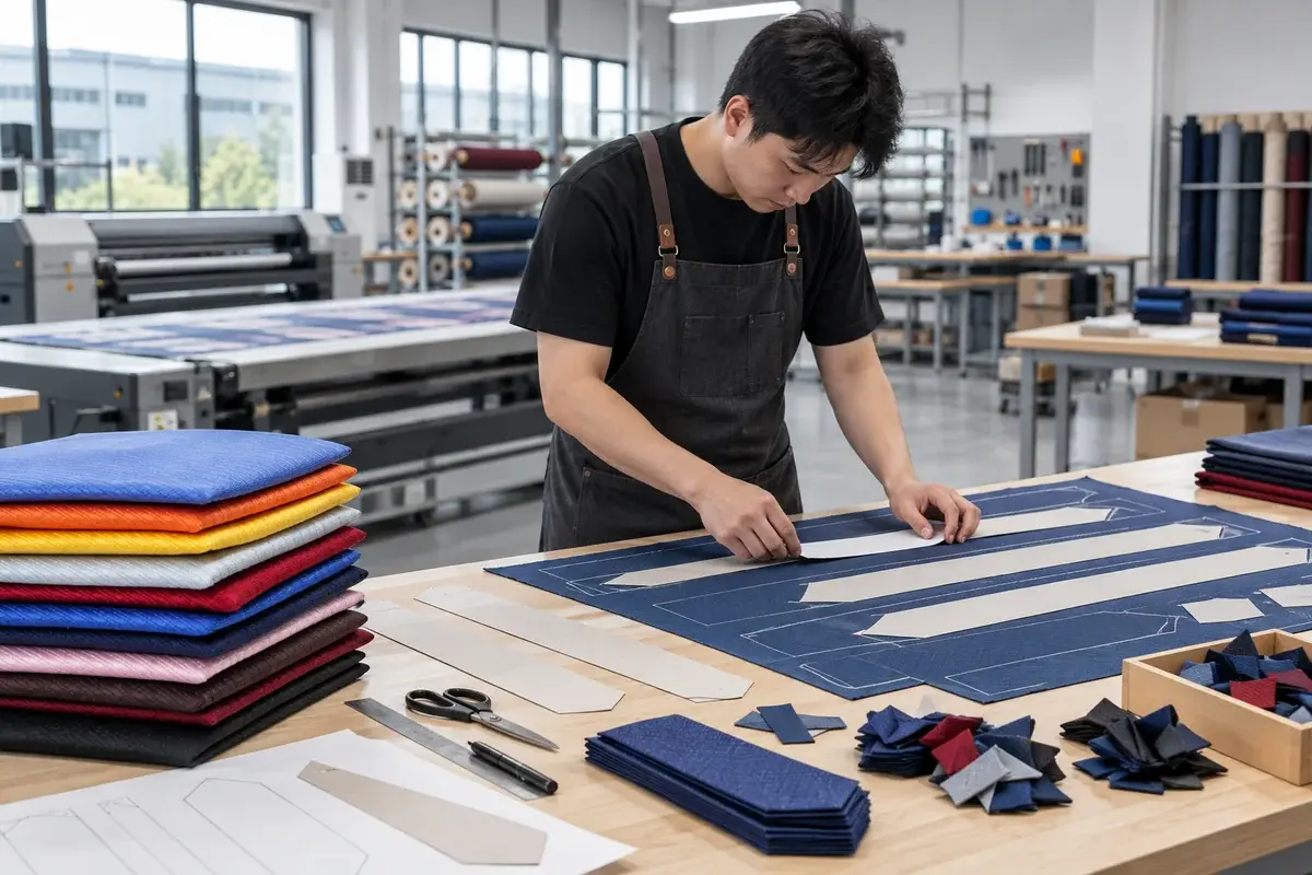 Worker planning a tie cutting layout with sorted fabric offcuts