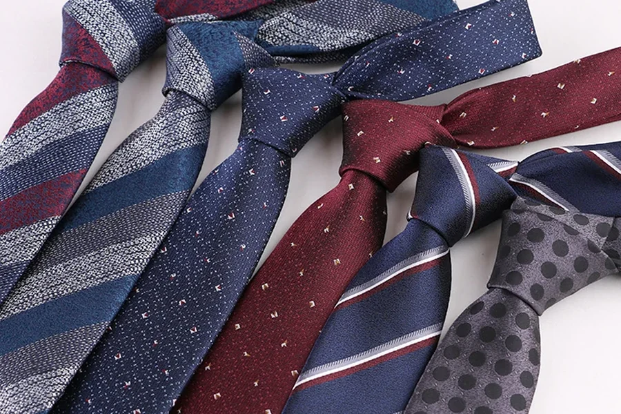 Knotted ties with stripes, dots and small repeating motifs