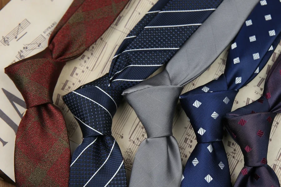 Five knotted ties with contrasting textures, stripes and geometric motifs