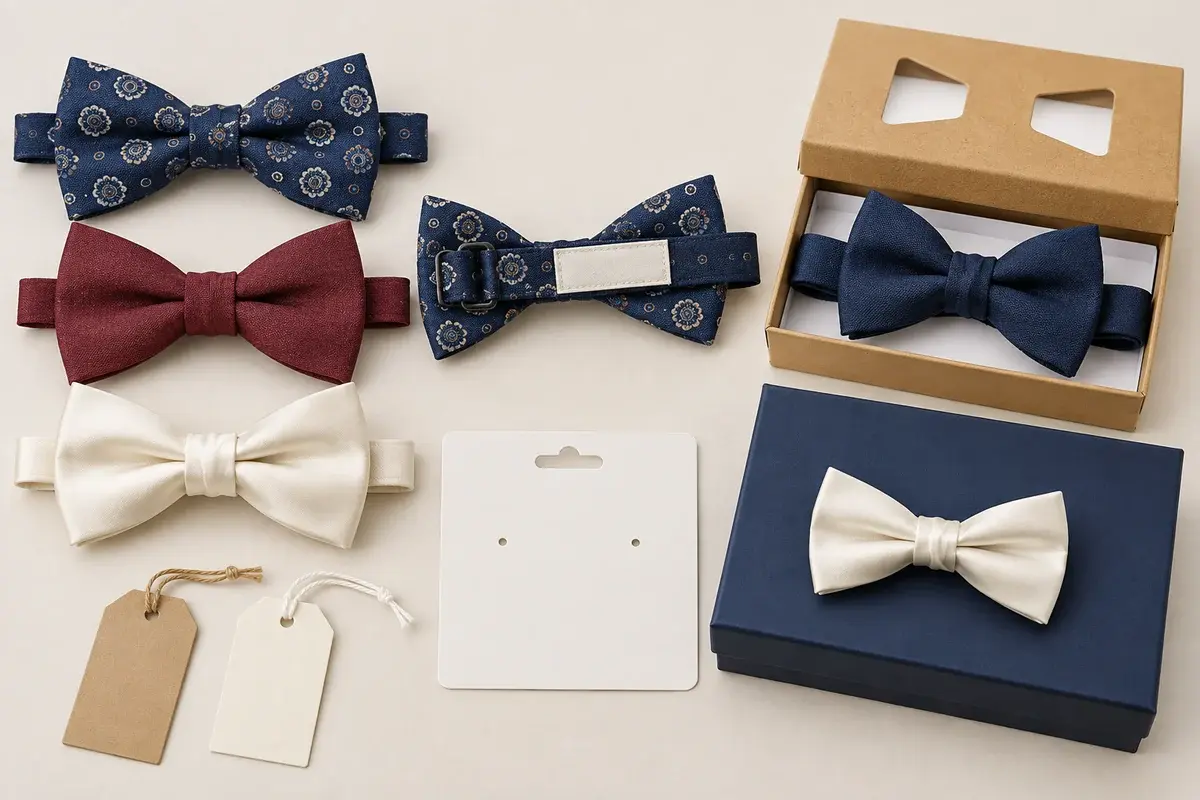 Navy, burgundy and ivory bow tie variants with plain labels, tags.