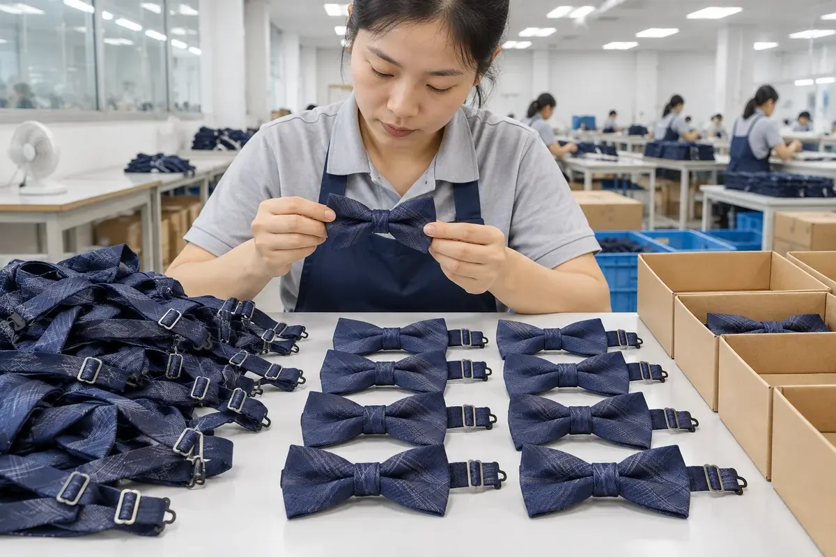 Factory worker checking bow tie symmetry, center knots, neckbands and closures.