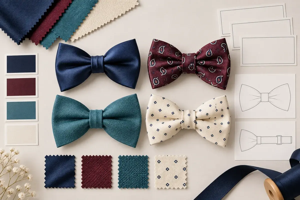 Four bow tie profiles with satin, woven and printed finishes, matching swatches.