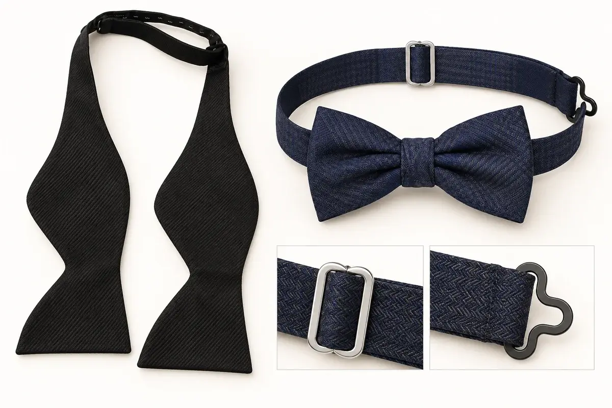 Black self-tie bow and navy pre-tied bow tie with adjustable neckband.