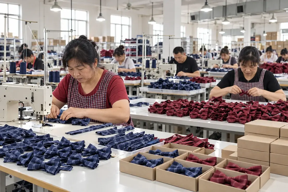 Workshop team sewing and packing navy and burgundy bow ties.
