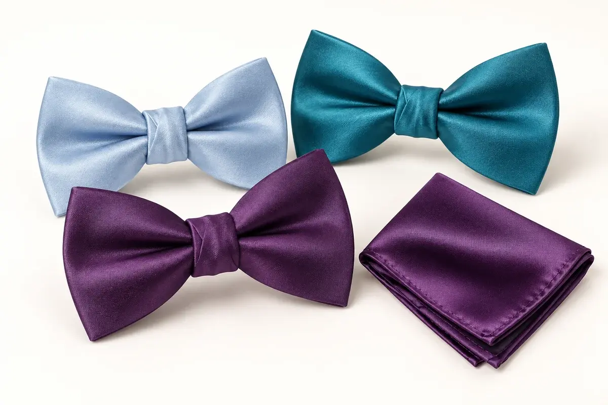 Teal, pale blue and purple silk bow ties with a matching purple pocket square.
