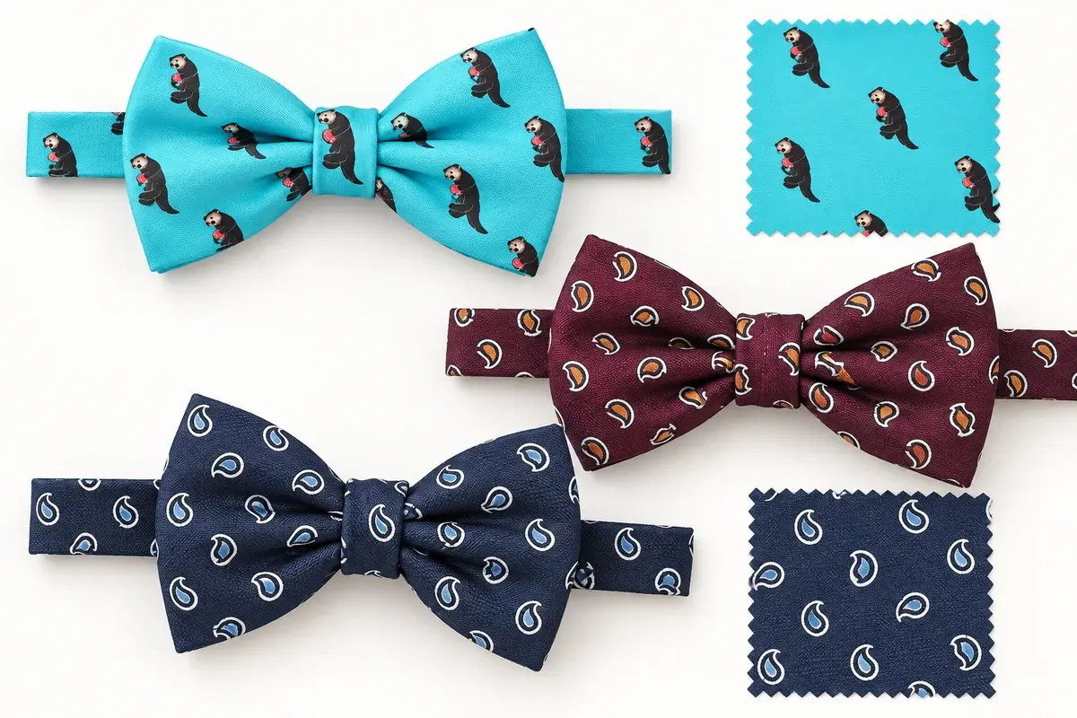Turquoise, burgundy and navy printed bow ties with matching pattern swatches.