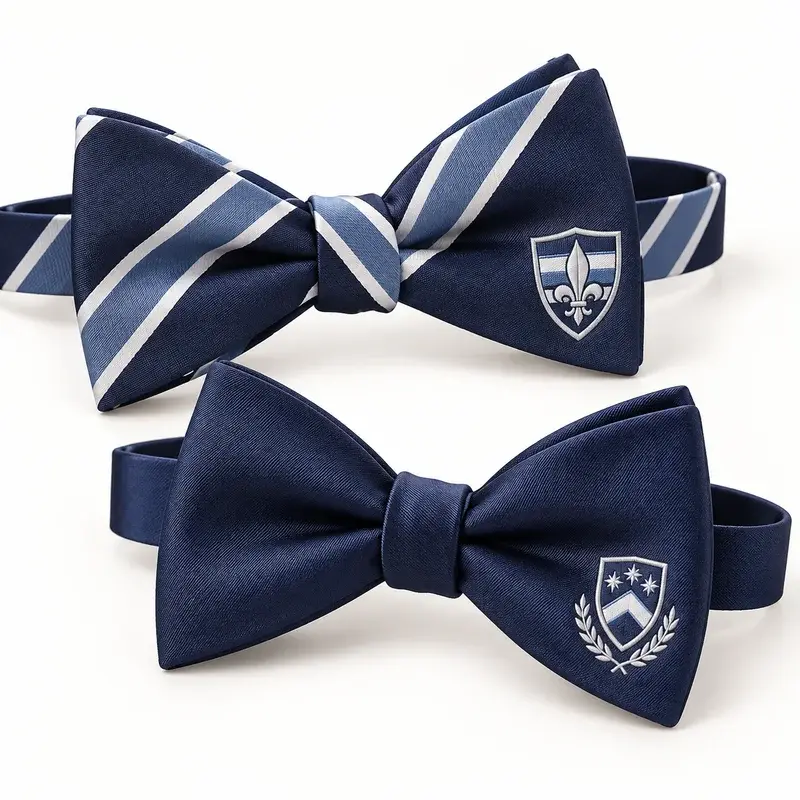Two navy custom bow ties with subtle abstract embroidered crest motifs.