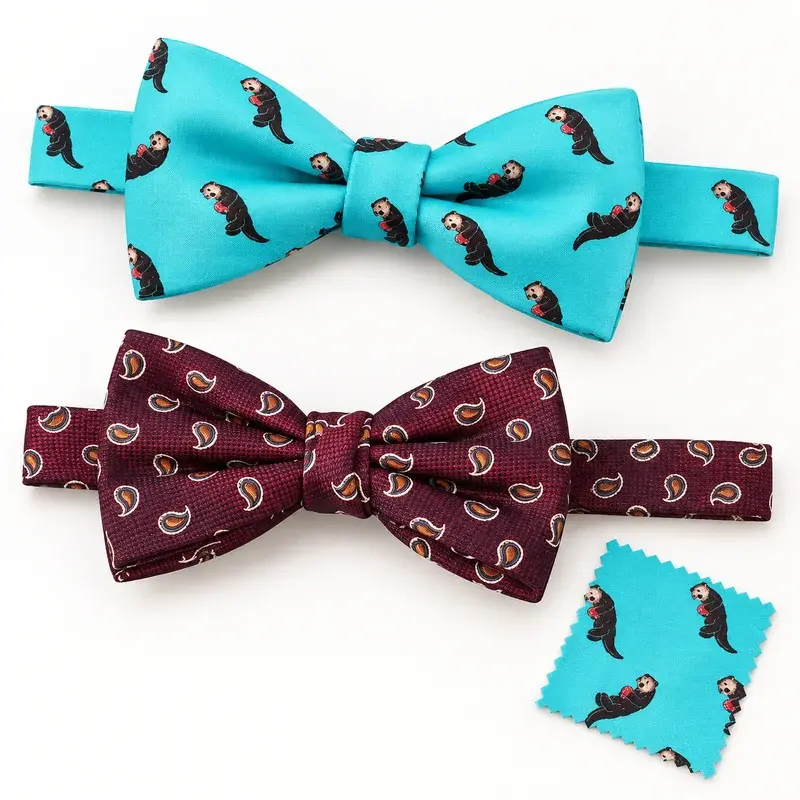 Turquoise and burgundy printed bow ties with detailed repeating motifs.