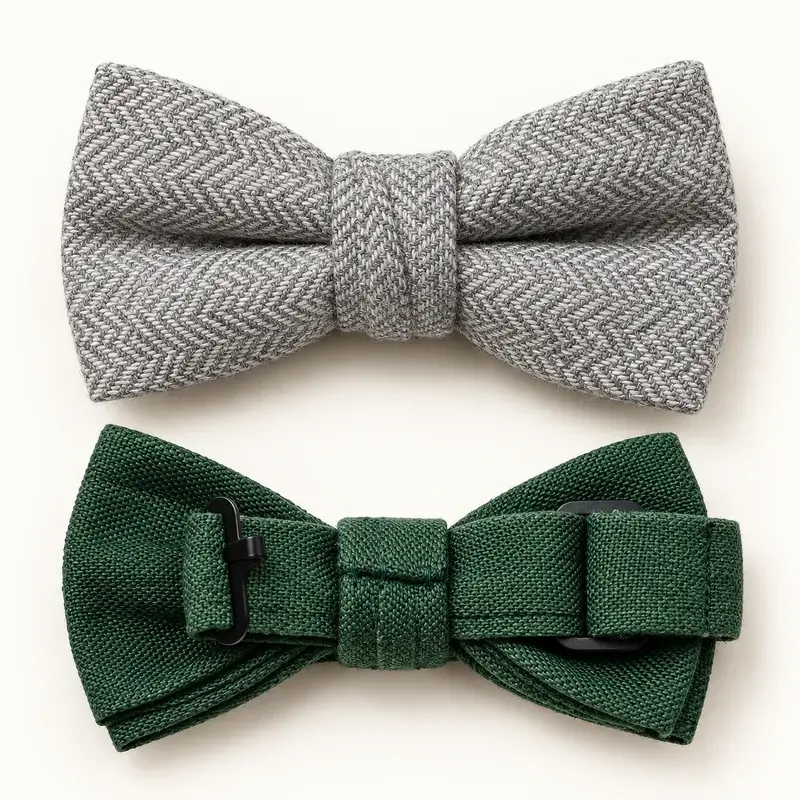 Gray herringbone and green textured woven bow ties.