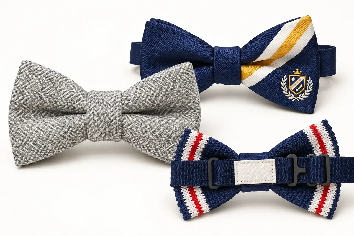 Gray woven and navy embroidered bow ties with an adjustable band and label.