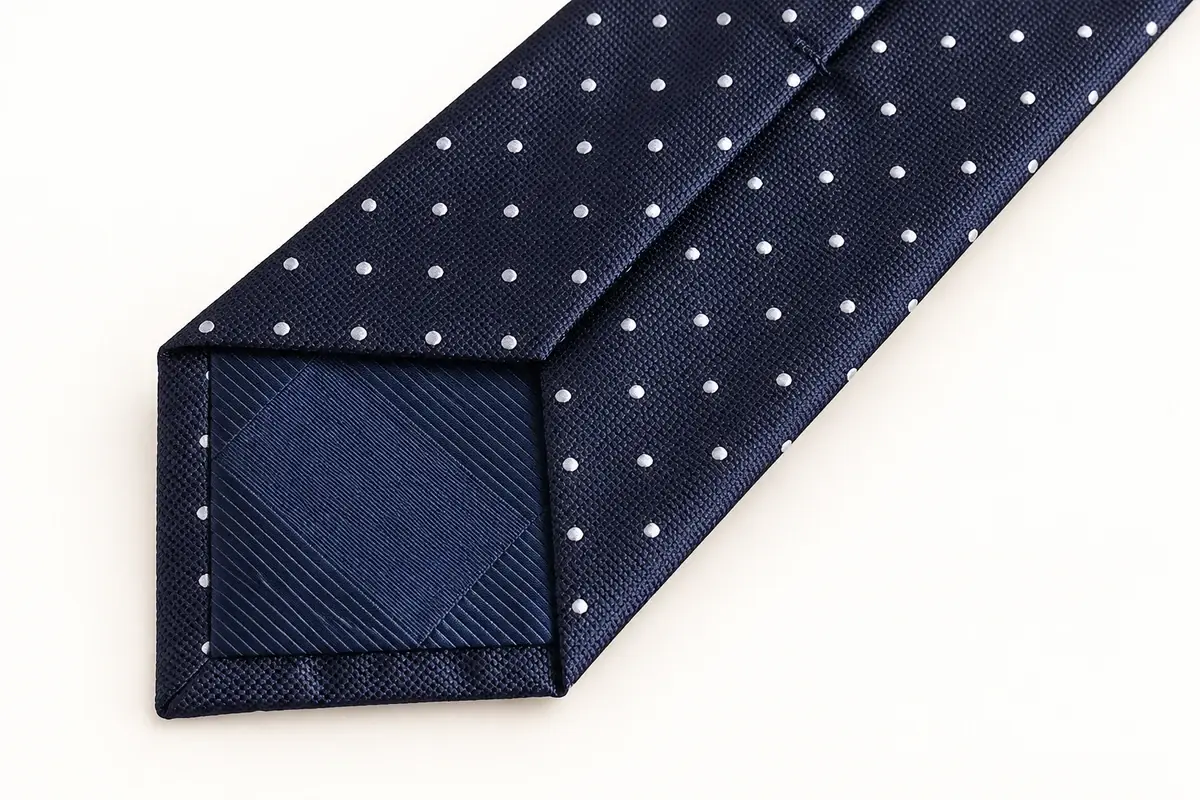 Navy polka-dot corporate tie reverse with clean tipping and center seam.