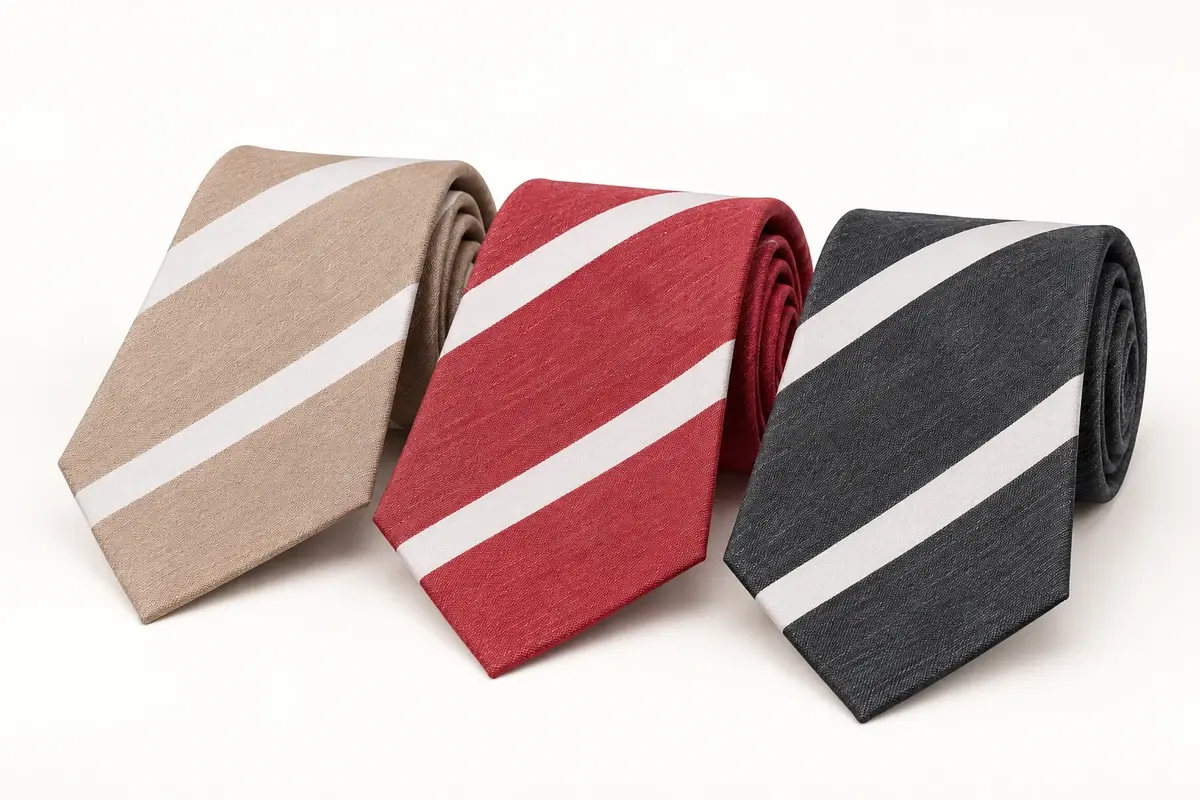 Beige, red and charcoal corporate ties with coordinated white stripes.