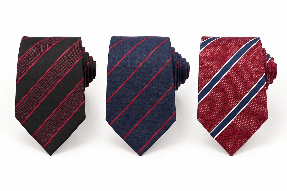 Three corporate tie variants in black, navy and burgundy.