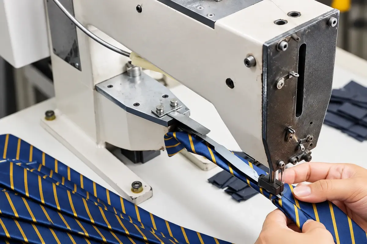 Blue and gold striped tie being guided through an industrial sewing machine.