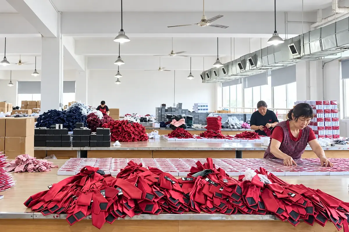Corporate ties being organized across production tables in a tie workshop.