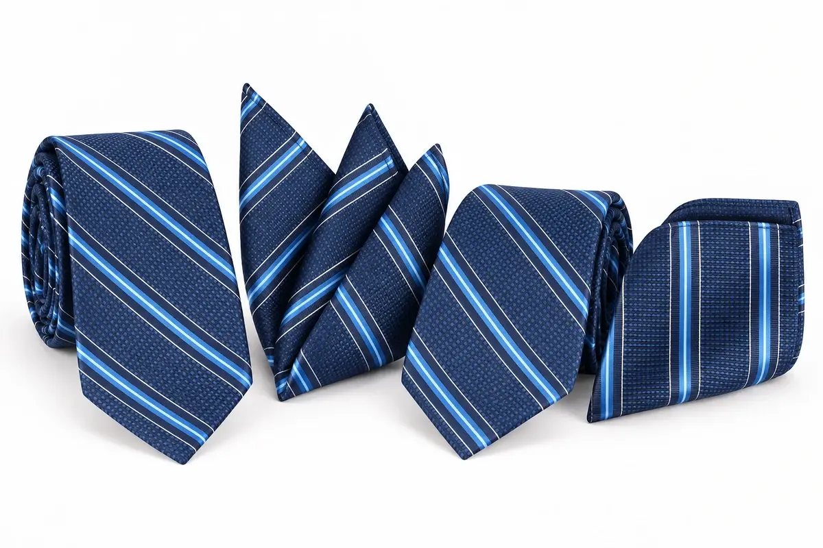 Coordinated navy hospitality ties with blue and white diagonal stripes.