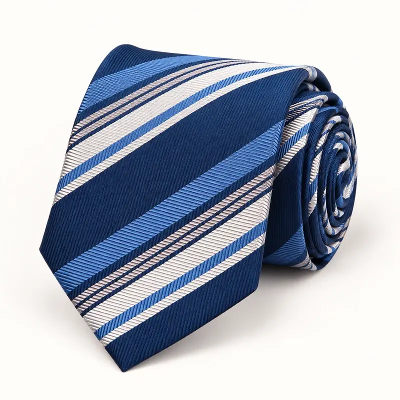Rolled navy airline tie with blue and white diagonal stripes.
