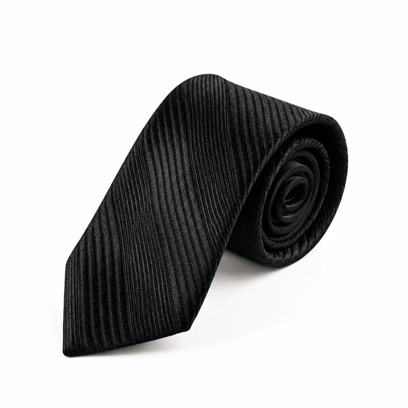 Rolled black hotel tie with a tonal diagonal texture.