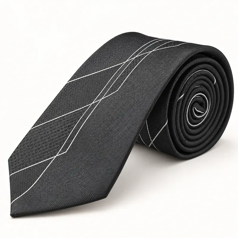 Rolled charcoal staff tie with fine white geometric lines.