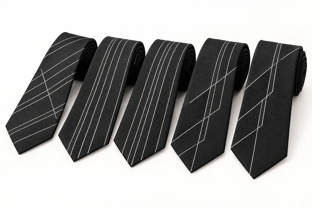 Five black staff ties with coordinated fine white line patterns.
