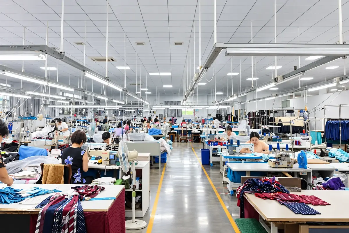 Polyester tie production workshop with sewing stations and finished neckties.